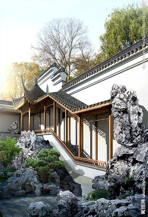 中式园林古建长廊效果图图片